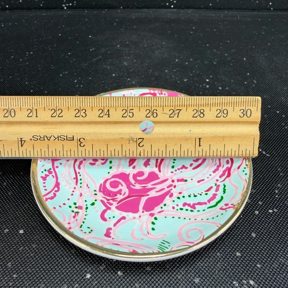 Lilly Pulitzer Ceramic Trinket Dish Set 4 Pink Blue Floral Gold Rim 4 Inch